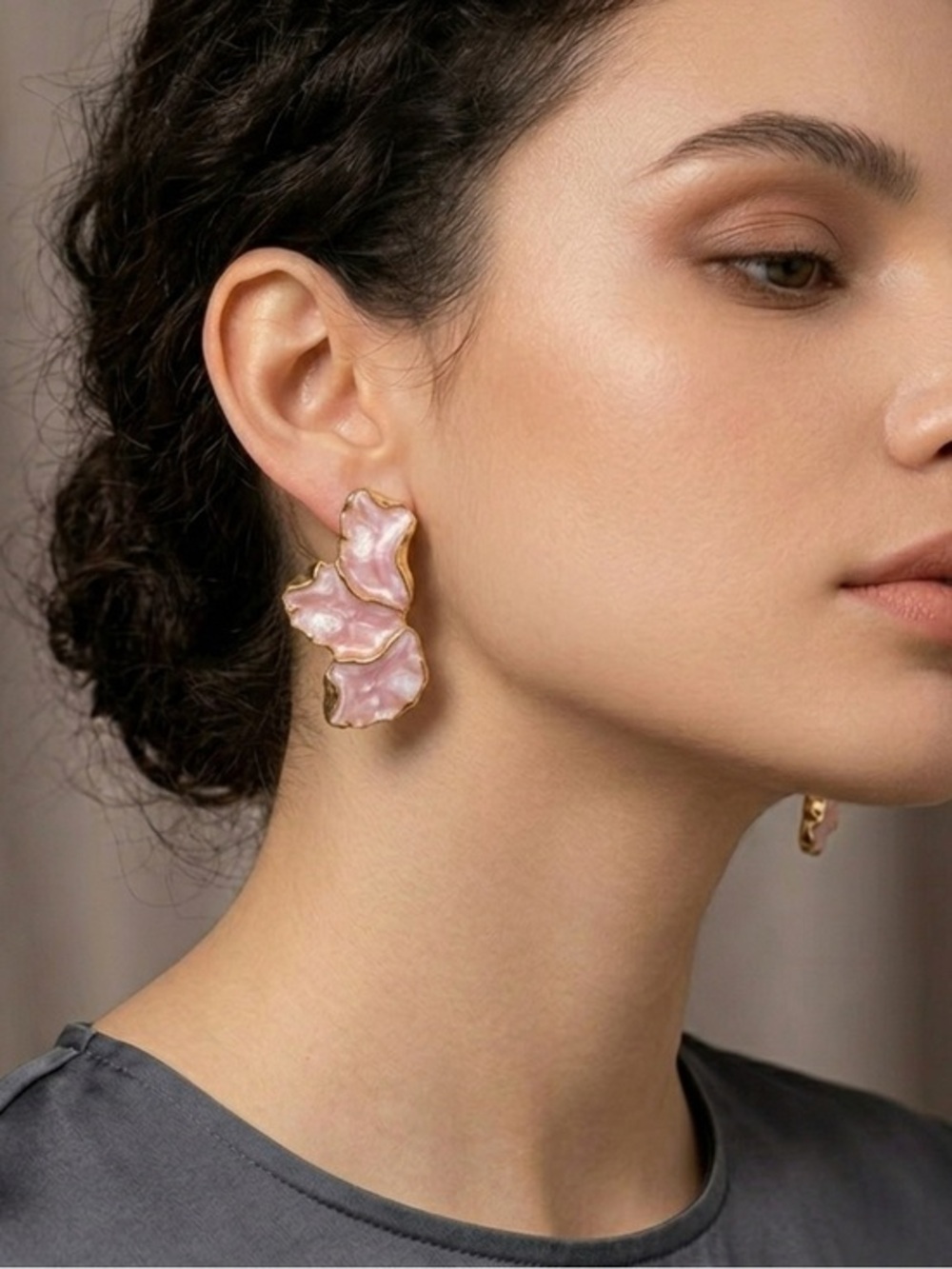 Elegant Pink Flower Petal Drop Earrings with Gold Trim